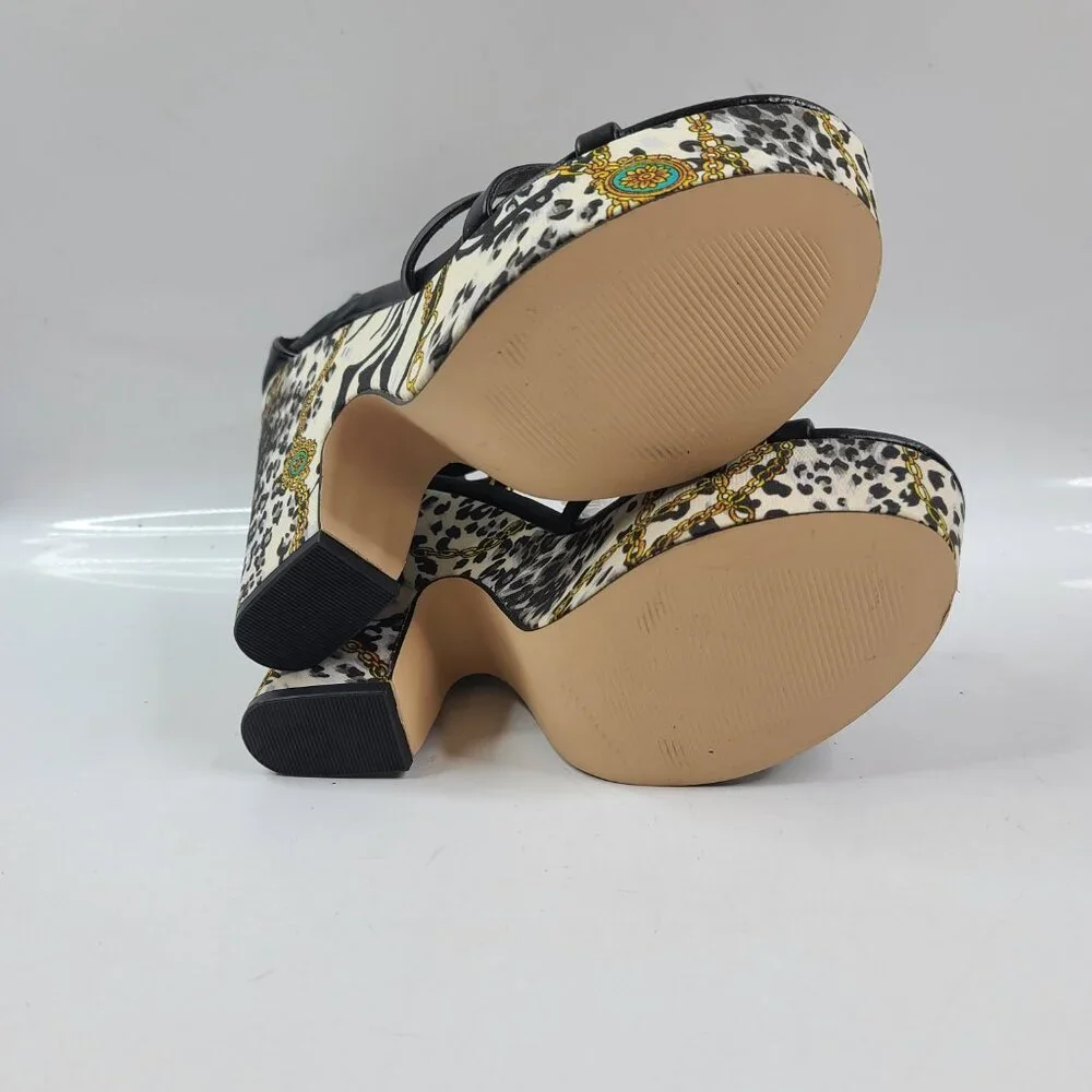Decima by SHOEDAZZLE Black White Snow Leopard Faux Leather Platform Heels Size 7